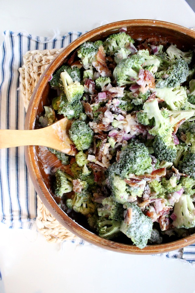 Broccoli Salad with Bacon, Walnuts Raisin and Greek Yogurt Dressing