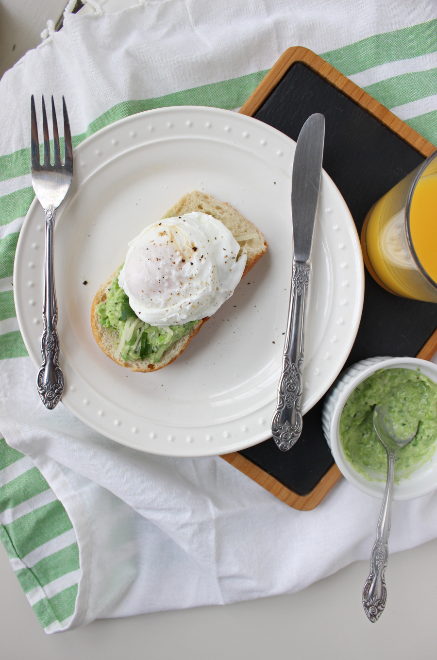 Poached Egg with Sweet Pea and Greek Yogurt Spread over Toast Keys to