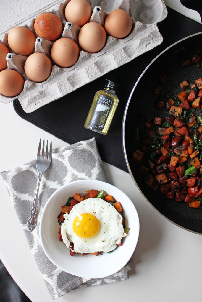 keys to the cucina sweet potato chorizo hash shallot oil fried egg 1