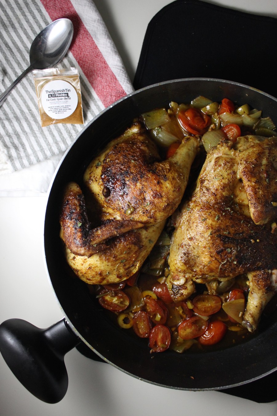 Spanish Style "Brick" Chicken with Tomatoes and Olives Keys to the Cucina